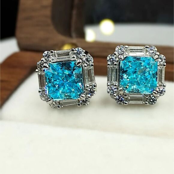 2.30CT Radiant Cut Crushed Ice Swiss Blue Topaz Stud Earrings in Sterling Silver - Picture 7 of 7